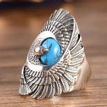 

100% Real 925 sterling silver flying bird ring with turquoise stone vintage Thai silver punk rock jewelry for Men