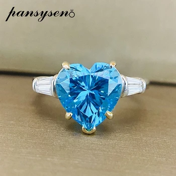 

PANSYSEN charms 10x10MM Heart Design Aquamarine Ruby Rings For Women Real 925 Sterling Silver Anniversary Party Fine Jewely Ring