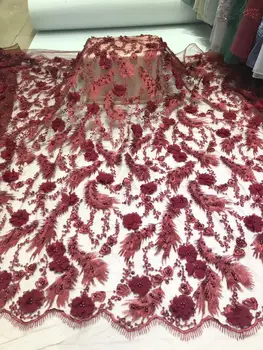 

Top quality red color embroidered net lace fabric with 3D flower JOY-22901 beaded african handmade tulle lace for wedding dress