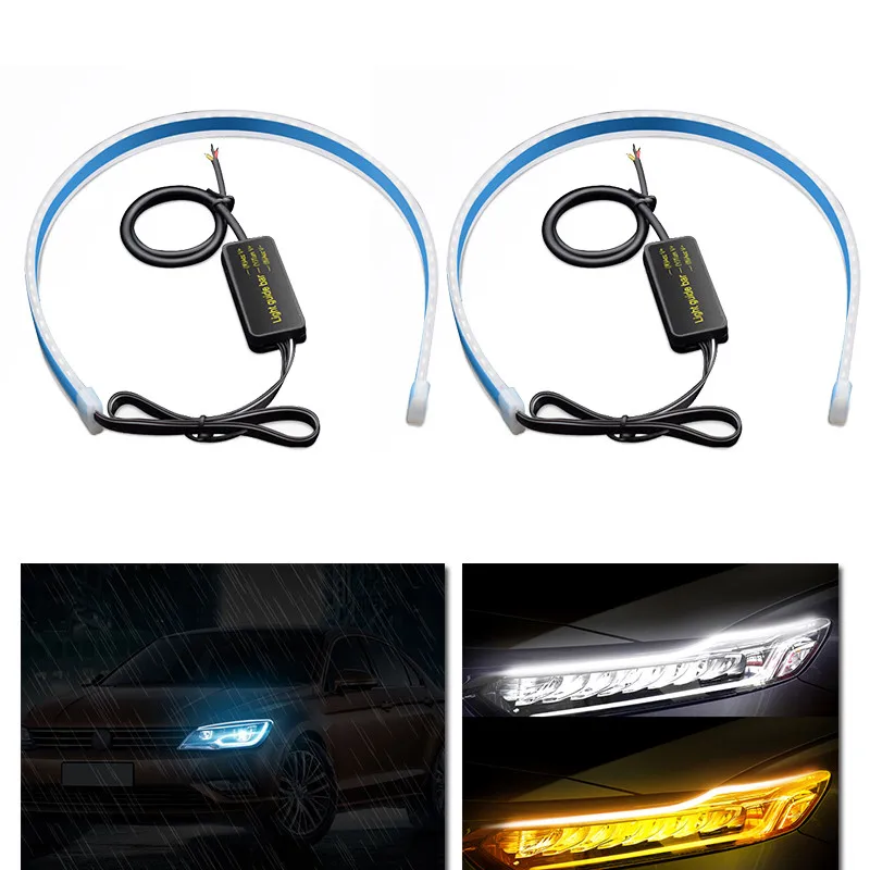 2 шт. ультратонкие DRL 60 см дневной ходовой светильник Гибкая мягкая трубка направляющая автомобильная светодиодная лента два цвета сигнал поворота желтый Водонепроницаемый