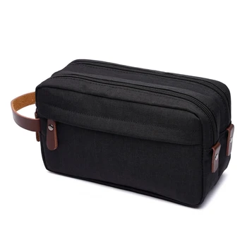 

Casual Canvas Cosmetic Bag with Leather Handle Travel Men Wash Shaving Women Toiletry Storage Waterproof Toilet Organizer Bag