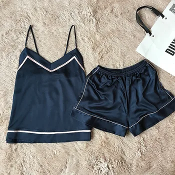 

Women Pajamas Set Sexy Satin Sleepwear Sleep Lounge Silk Pyjamas Women V-Neck Women Nightwear Causal Pijama 2 Pieces Summer