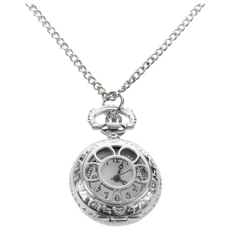 

Ladies Cut out Flower Pattern Hunter Case Necklace Watch Silver Tone