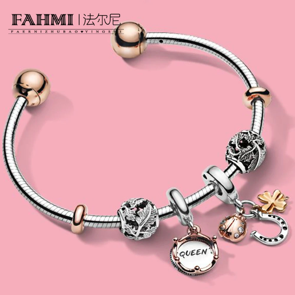 

FAHMI 100% 925 Sterling Silver 2019 Autumn Maple Leaf Clover Charm Rose Moments Snake Chain Style Open Bangle Bracelet Set