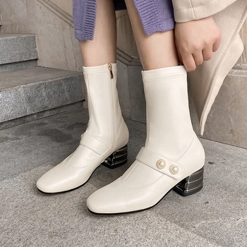 

Elegant Female Ankle Boots Autumn Winter Genuine Leather High Heels Boots Newest Wedding Party Shoes Woman size 41 42