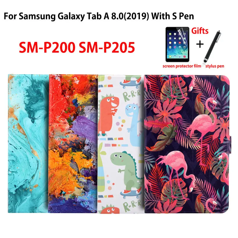 Тонкий чехол для Samsung Galaxy Tab A 8 0 2019 с S Pen SM P200 P205 P207 Smart Cover Funda Painted Stand Shell +