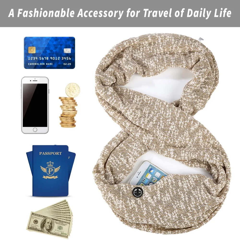 Зимний хлопчатобумажный шарф с карманом, шарф-трансформер для путешествий, Одноцветный теплый шарф с карманами