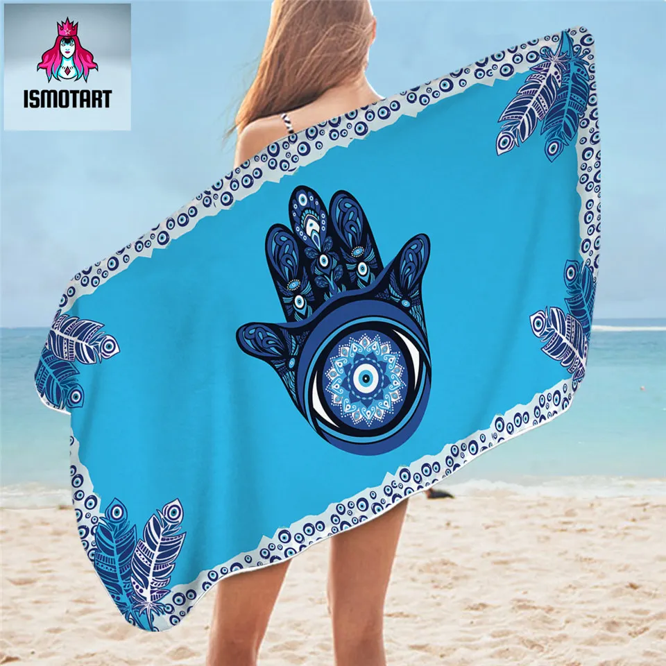 Evil Eye Hamsa Bath Towel Mandala Beach Towel Hand Blue Rectangle Beach Mat 75x150cm Peacock Feather Thin Blanket