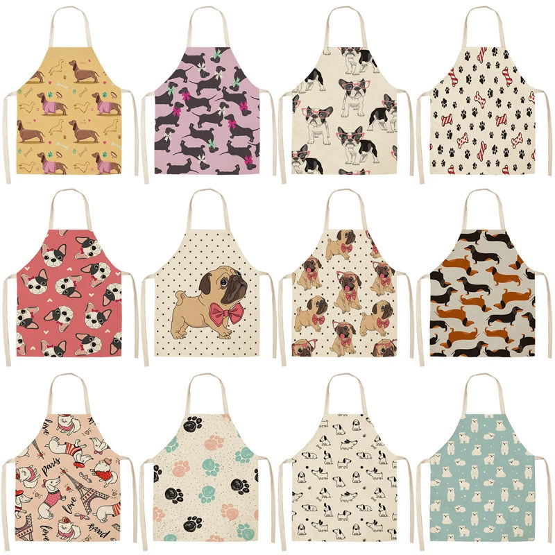 Bulldog Dachshund Printed Kitchen Apron for Woman Sleeveless Cotton Linen Bib 53*65cm Home Cooking Baking Cleaning Tool WQ0037