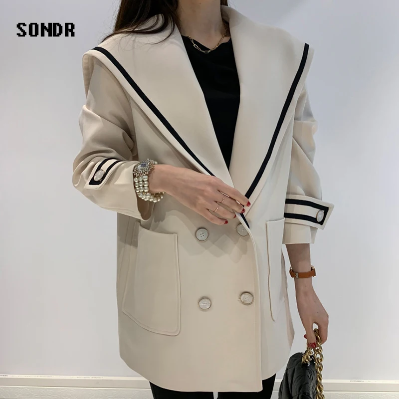 

2020 Autumn Korea Chic Office Woman Jacket Navy Collar Hit Color Double Breasted Loose Big Pockets Long Sleeve Short Female Coat