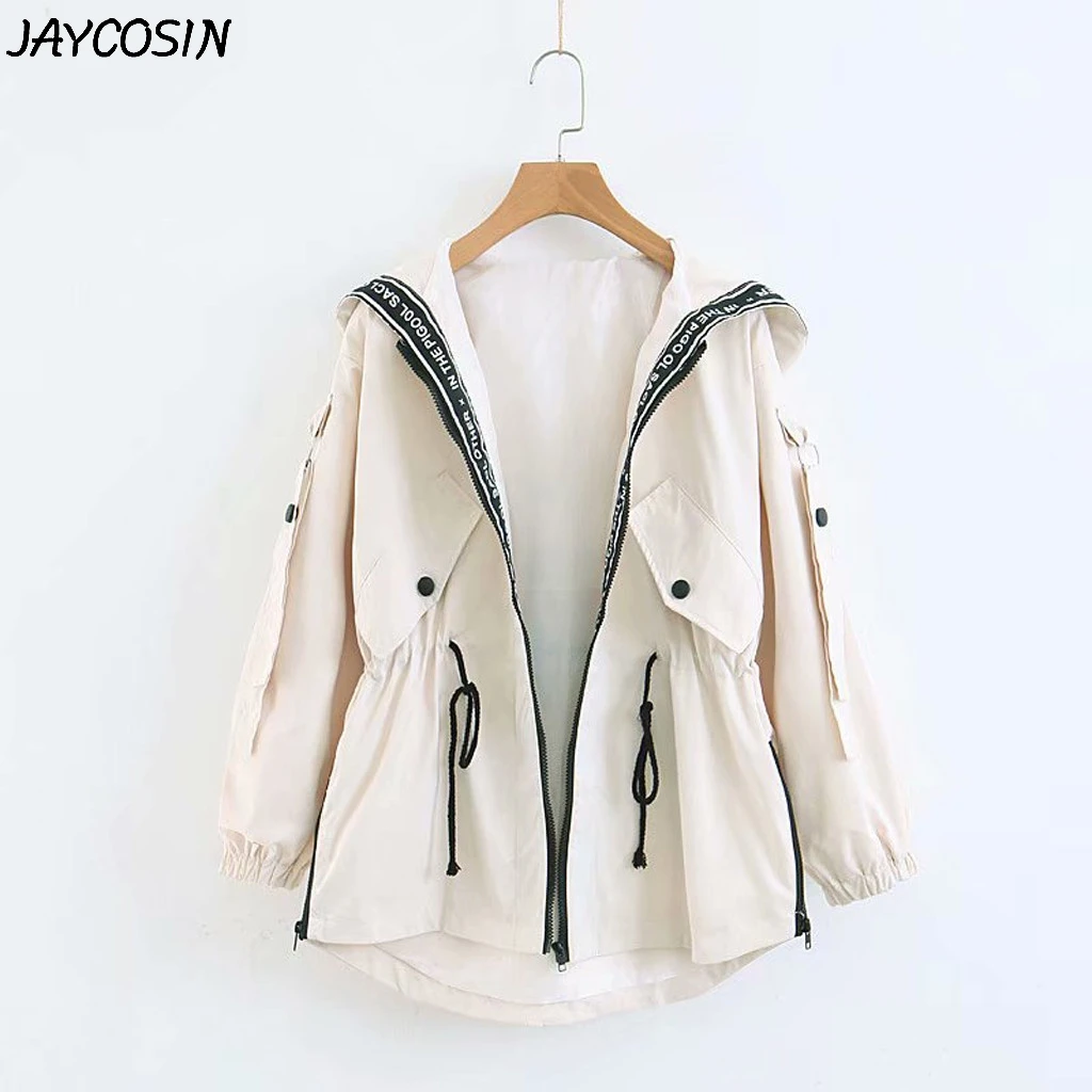 JAYCOSIN, Женское пальто, одноцветное, свободное, с длинным рукавом, на молнии, обычные хлопковые куртки с капюшоном, негабаритная куртка, ветровка, пальто, женская куртка