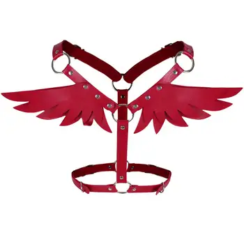 

Red Leather Tops Wings Angle Shoulder Belt Metal Rivet Lingerie Punk Goth Adjustable Art Festival Clothing Body Cage Harness