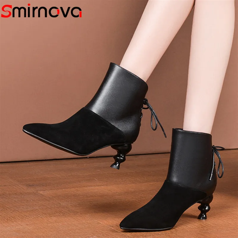 

Smirnova 2020 winter autumn ankle boots for sexy lady high heels boots pointed toe dress shoes female genuine leather boots