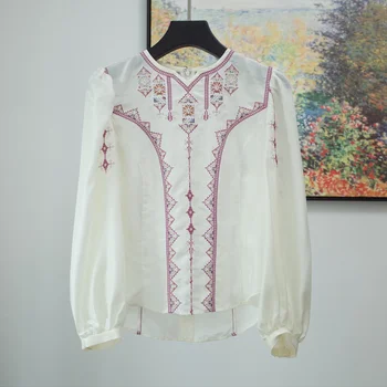 

Women Shirt Cross-stitch Embroidered Long Sleeve Silk Top