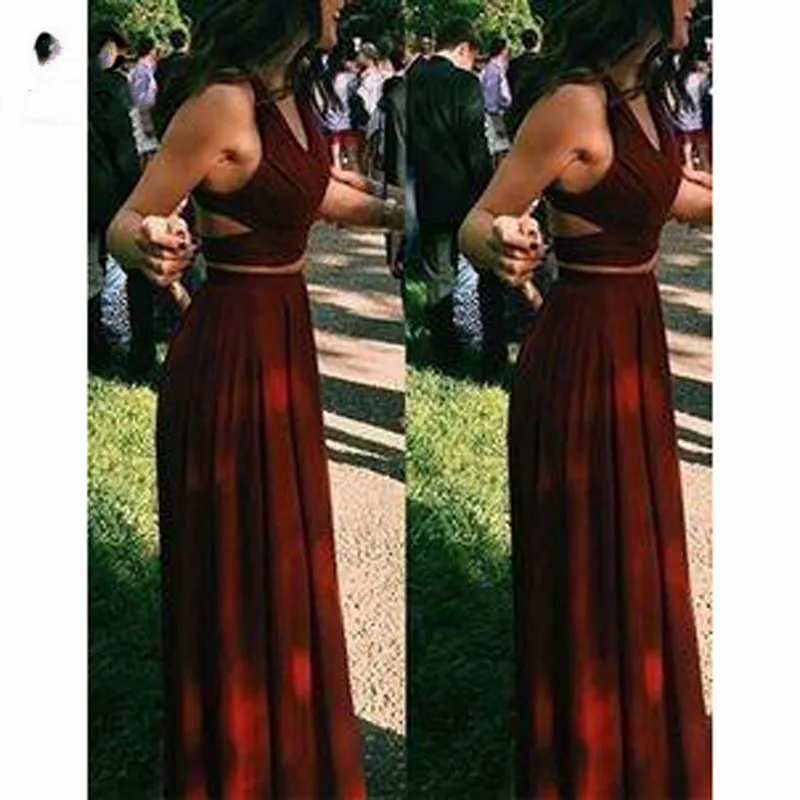 

2018 Burgundy Two Pieces Gown Evening Dresses Long Chiffon Sleeveless Prom dress robe de soiree Formal Evening Dress for Women