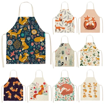 

Kawaii Fox Printed Sleeveless Aprons Kitchen Adult Women Cotton Linen Animal Pinafore Home Cooking Baking Waist Bib 53*65cm