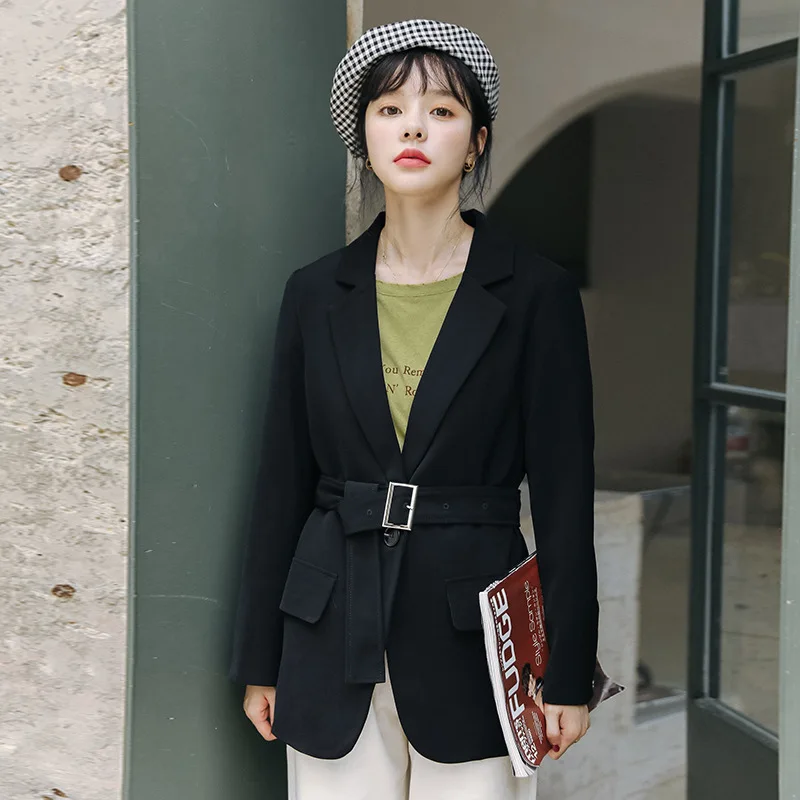

2019 Autumn Korean-style Simple Hong Kong Style Retro Suit Collar Elegant Non-mainstream Waist Hugging Bandage Cloth Small Suit