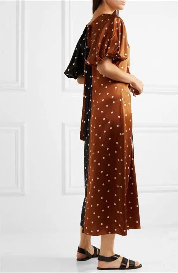 GetSpring женское платье в стиле пэчворк Платья с рисунком в горошек с v-образным вырезом с короткими Фонари рукав Винтаж платье на завязках; длинные платья