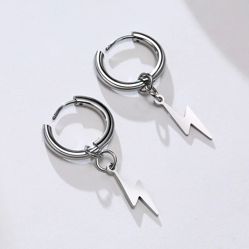 Lightning Bolt Charm Hoop Huggie Silver Color Earrings for Men Stainless Steel Hinge Hoops Lightnings - Image 3