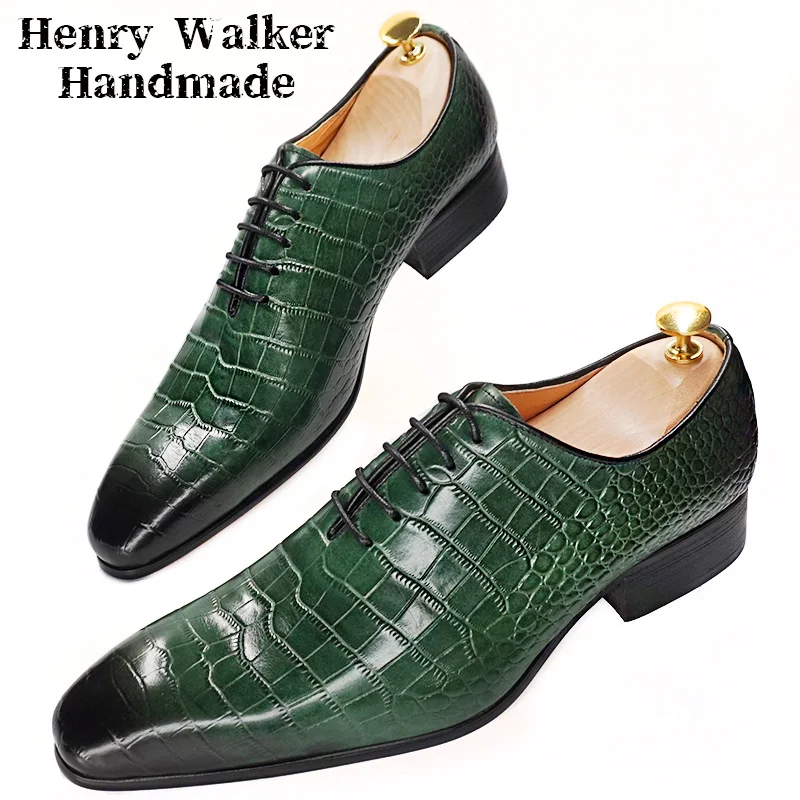 LUXURY MEN OXFORD SHOES GREEN BLACK CROCODILE PRINT LACE UP CASUAL MEN DRESS SHOES OFFICE WEDDING PARTY GENUINE LEATHER MAN SHOE