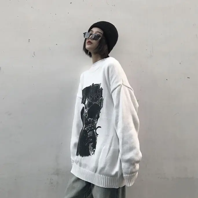 white pullover Woherb, винтажный Модный пуловер с круглым вырезом и длинным рукавом, джемпер с принтом, свободный свитер для женщин, Harajuku BF, вязаные топы, уличная одежда 91399 - Цвет: white pullover