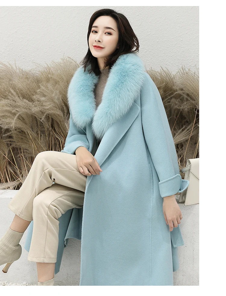 Discount Women 2019 Winter Natural Fox Fur Collar Double-Sided Wool Blends Coat Female Thicken Warm Sheep Shearing Long Overcoat 12