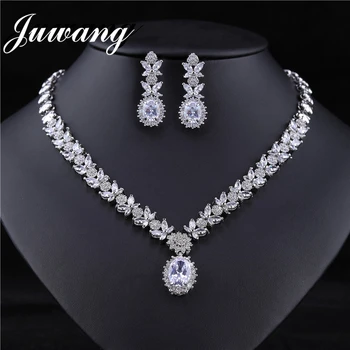 

JUWANG Clear Rhinestone Bridal Jewelry Sets for Women Water Drop Bisuteria Wedding Necklace Set Acero Inoxidable Joyeria Mujer