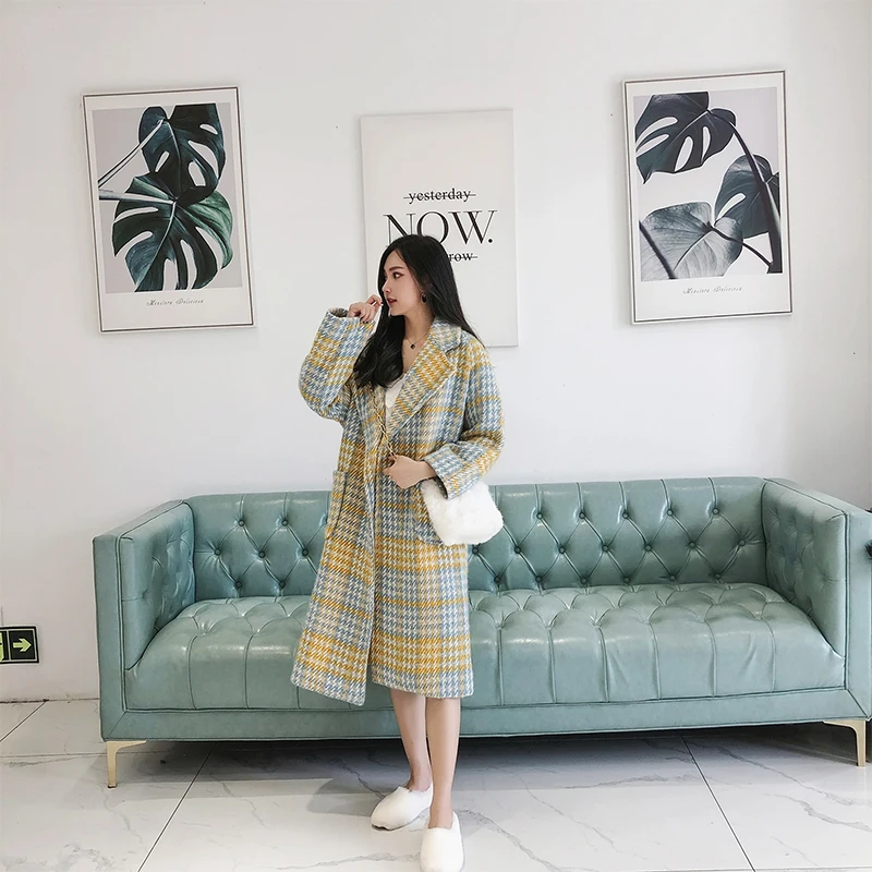 yellow plaid Зимняя шерстяная твидовая клетчатая куртка женская новая свободная элегантная женская шерстяная кашемировая Розовая Желтая шерстяная куртка женская модная одежда - Цвет: yellow plaid