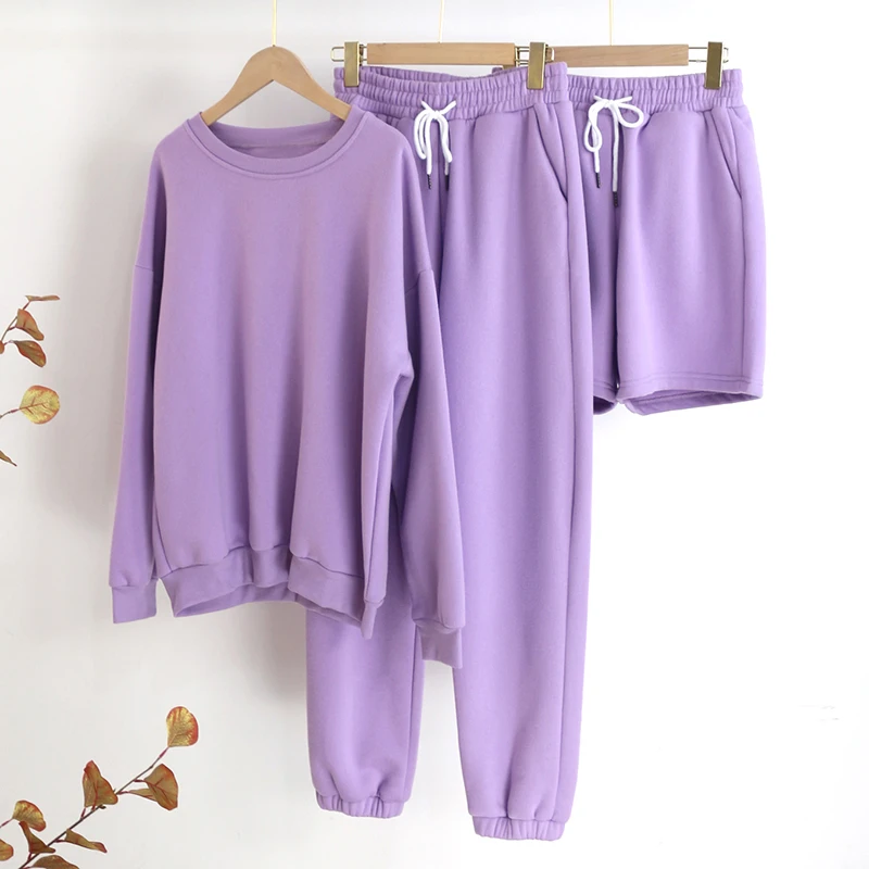 HiloRill Women Tracksuit Solid Casual Pullover Hoodies Suit 2020 Home Style Sweatpants Set High Waist Shorts Ladies Sport Outfit