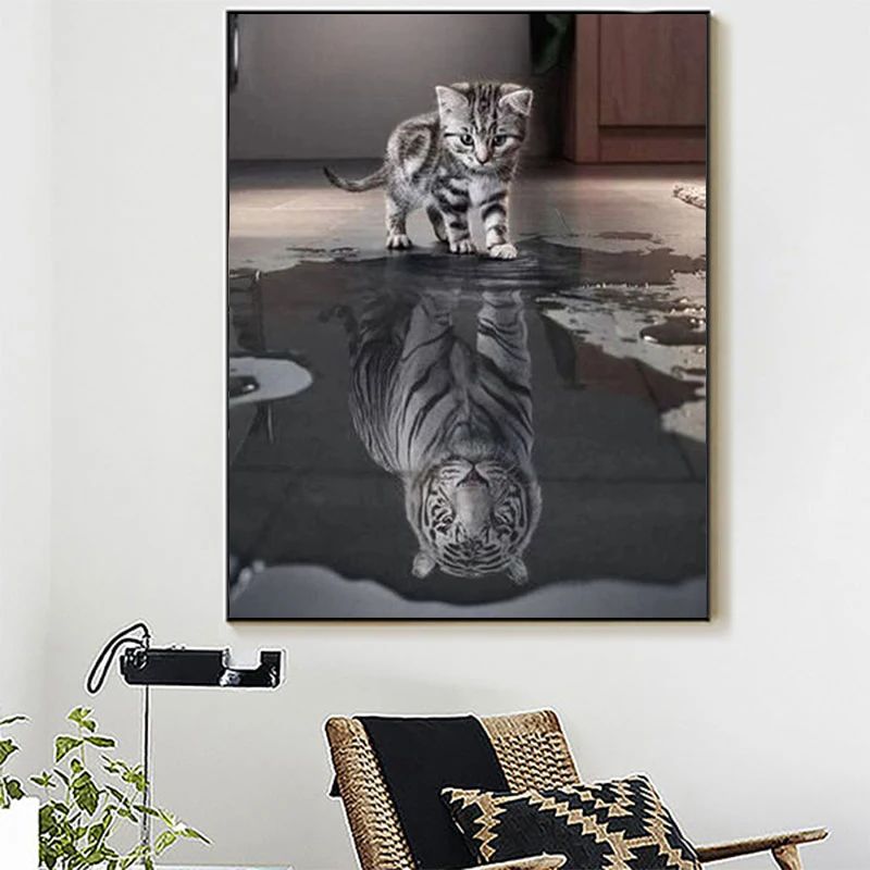 

5D Diamond Painting Cat Reflection Tiger Cross Stitch Diy Diamond embroidery Animal Mosaic Rhinestone Picture Home Decor Sale