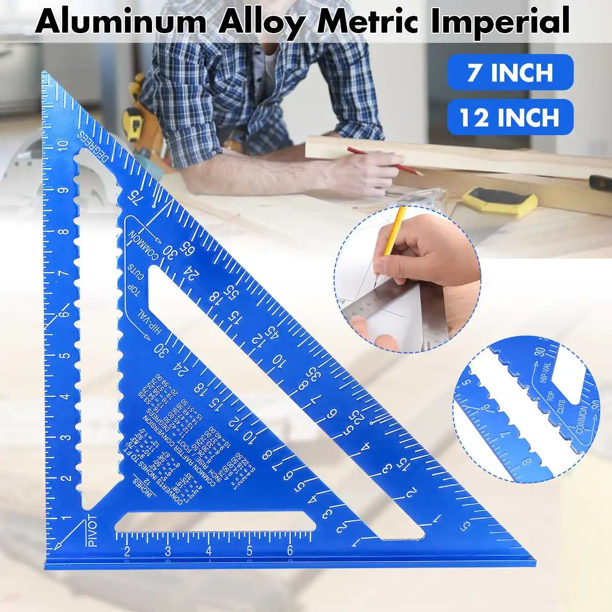 Regla angular métrica de aleación de aluminio de 7/12 pulgadas Regla de medición Triangular velocidad de carpintería triángulo cuadrado transportador azul|Medidores| - AliExpress