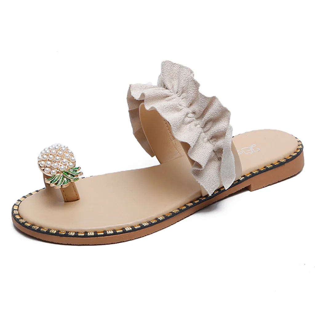Женская пляжная обувь на плоской подошве, украшенная жемчугом; повседневные сандалии в богемном стиле; удобные пляжные сандалии с регулируемыми складками; Zapatos de playa
