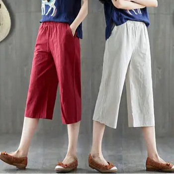 

Plus Size Women Literature Wide Leg Pants Cotton Straight Casual Summer Elastic Waist Solid Color Skinny Plus Size Female Pants