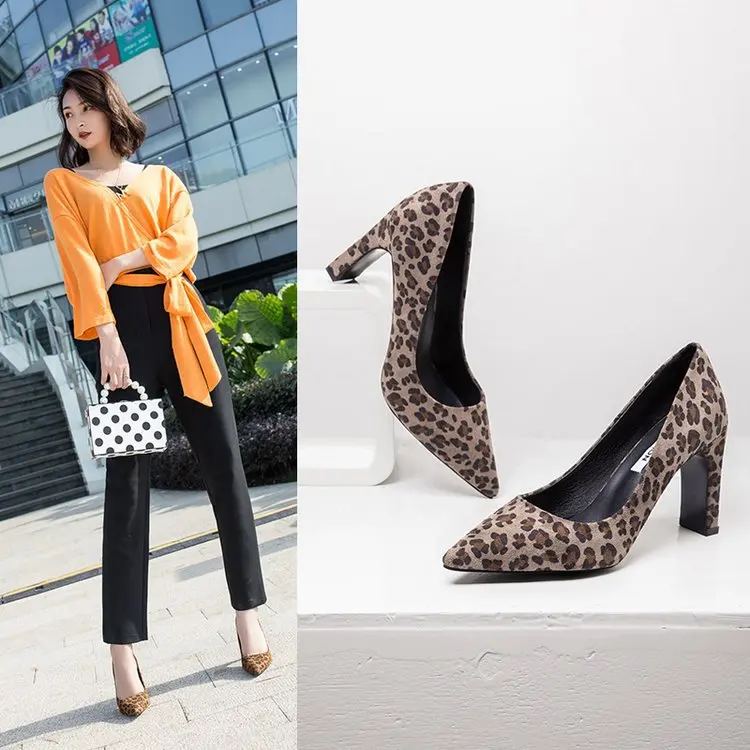 

Sexy Nightclub Leopord Pattern Pointed Shallow Mouth Chunky-Heel Shoes Korean-style Autumn New Style Versatile WOMEN'S Cloth Cov