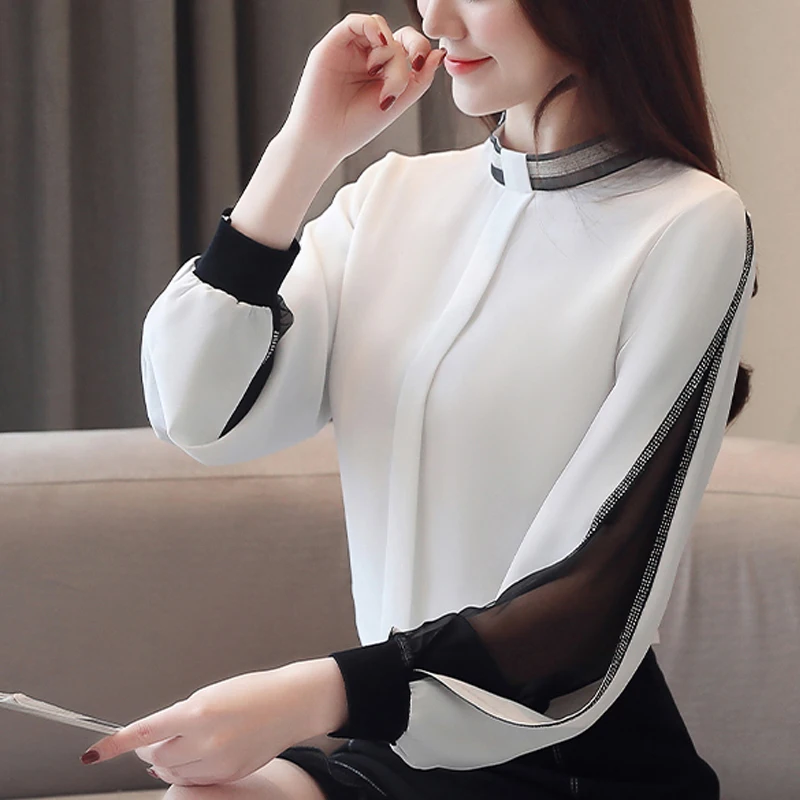 Kaufen Frauen Chiffon Bluse Diamanten Neue 2020 Sexy Casual aushöhlen Mesh koreanische Shirt Elegante Schlanke Stehkragen Frauen Tops blusa h34G