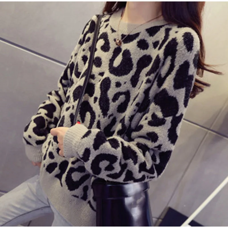 Женский леопардовый вязаный свитер, зимний толстый женский пуловер с длинным рукавом, осень, модные повседневные топы, вязаные свитера для девушек