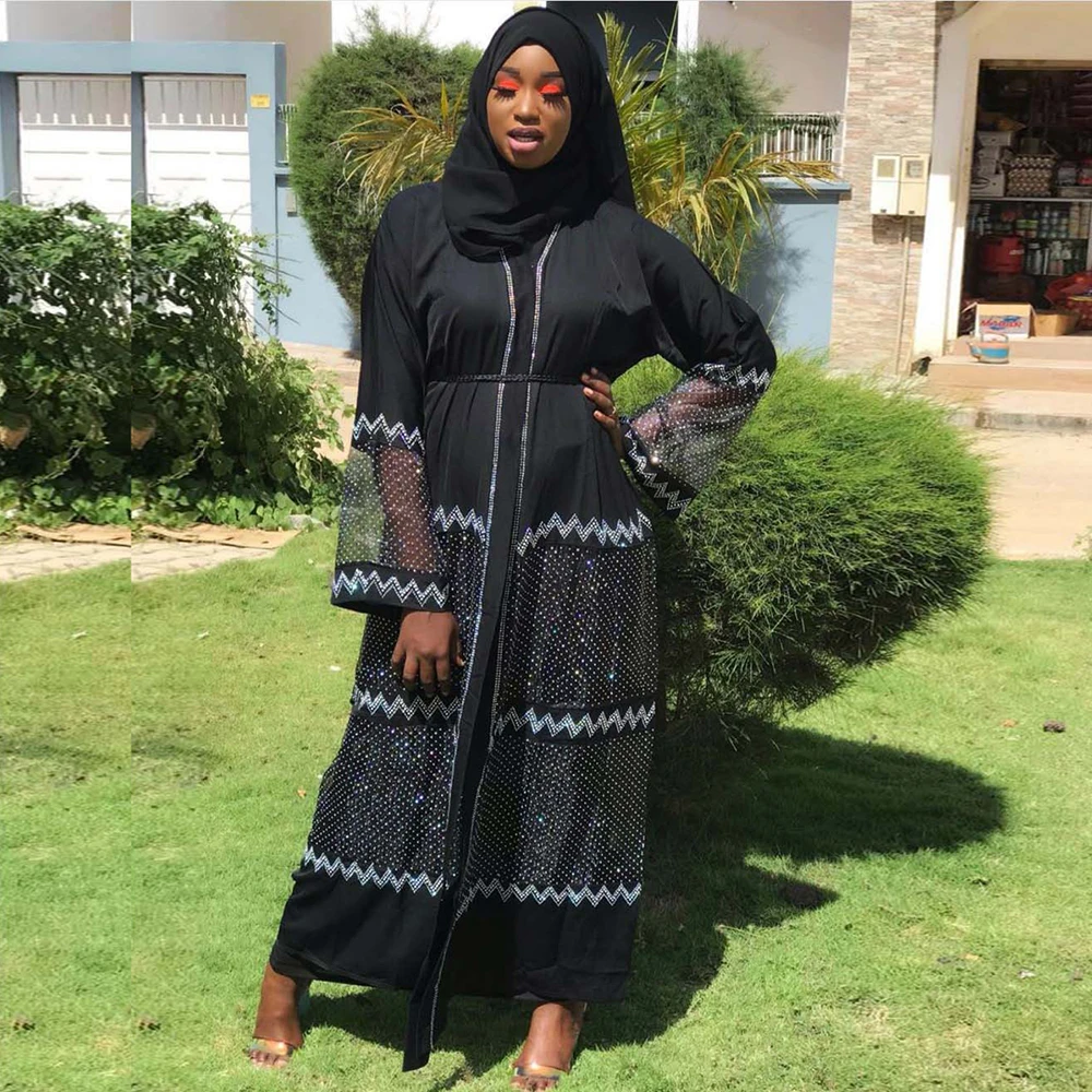 Siskakia Wavy Rhinestones Mesh Patchwork Plus Size Kimono Abaya Fashion Muslim Long Sleeved Cardigan Robe Hijab Summer 2020 New Islamic Clothing Aliexpress