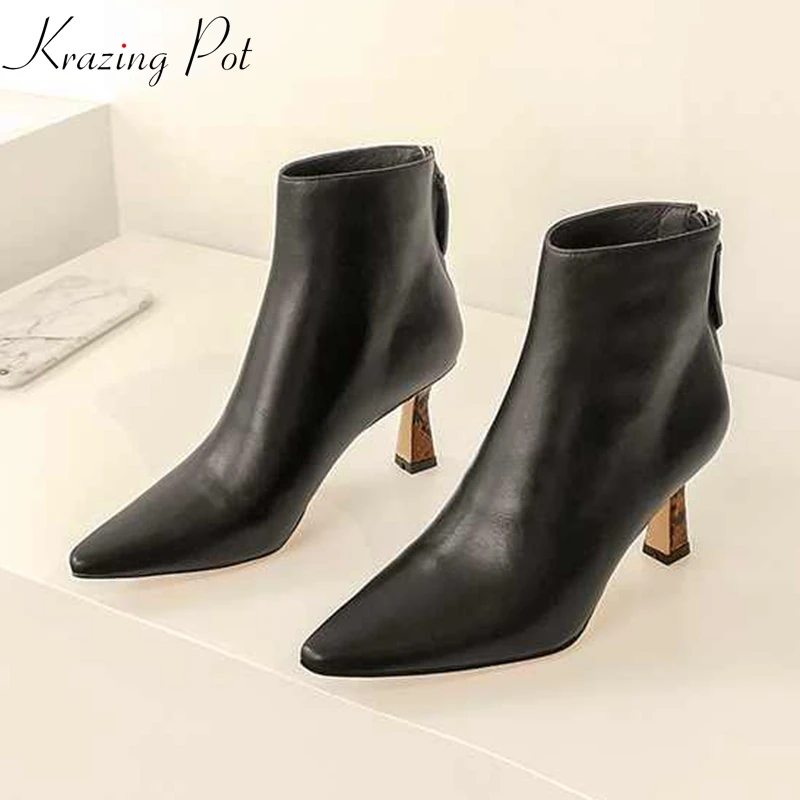 

krazing pot genuine leather pointed toe med heels winter keep warm fashion model runway show European concise ankle boots L70