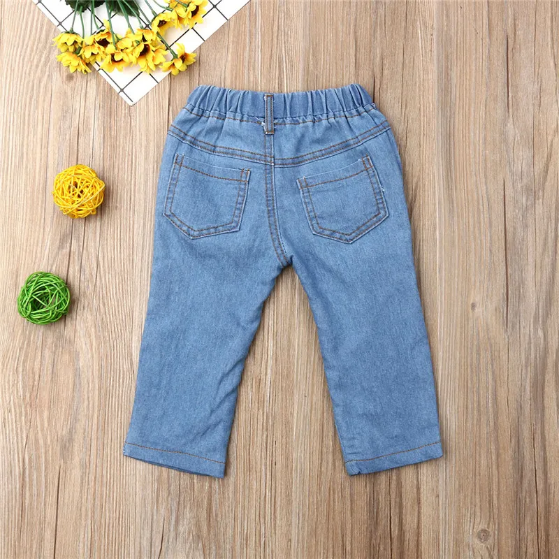 Детская одежда для маленьких девочек; детские джинсы Kds; Летние повседневные рваные джинсы; джинсовые штаны; эластичные брюки; Синие рваные брюки