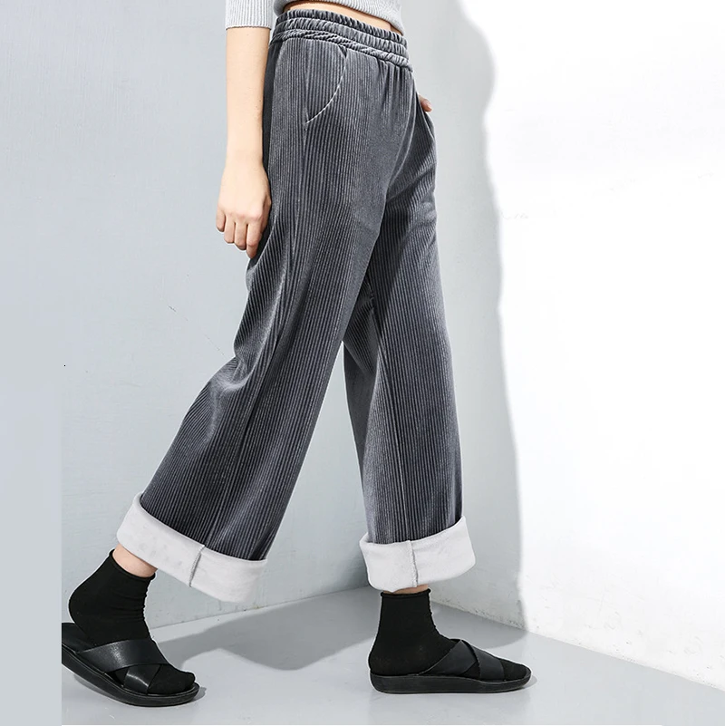 [EAM] High Elastic Waist Black Long Velvet Wide Leg Trousers New Loose Fit Pants Women Fashion Tide Spring Autumn 19A-a25