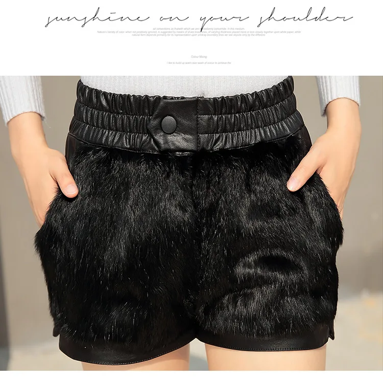 rabbit fur women shorts slim high waist back wool short trousers high street fashion thick warm shorts new DC518