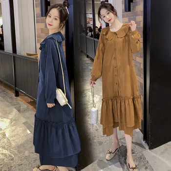 

2020 Pregnant Women New Style Corduroy Retro Waist Hugging Slimming over-the-Knee Mid-length Long-sleeved Dress Women's