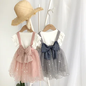 

Summer Set Clothes Kids Baby Girls Sets Toddler Baby Girls Ruffles Ribbed T Shirt+mesh Bow Strap Dress Boutique Kids Clothing