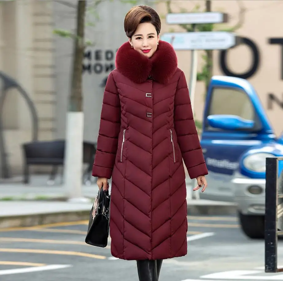 wine Plus Size 5XL Women Winter Jacket Middle-aged Women Thicken Warm large fur collar Hooded down cotton Coats Long Parkas r2148 - Цвет: wine