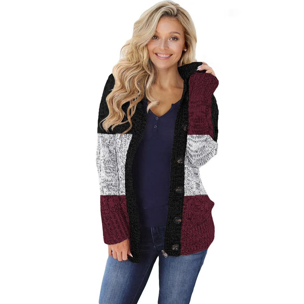 

New Products Hot Selling Sweater WOMEN'S Dress Europe And America Mid-length Hooded Stitching Color Open Front Knitted Cardigan