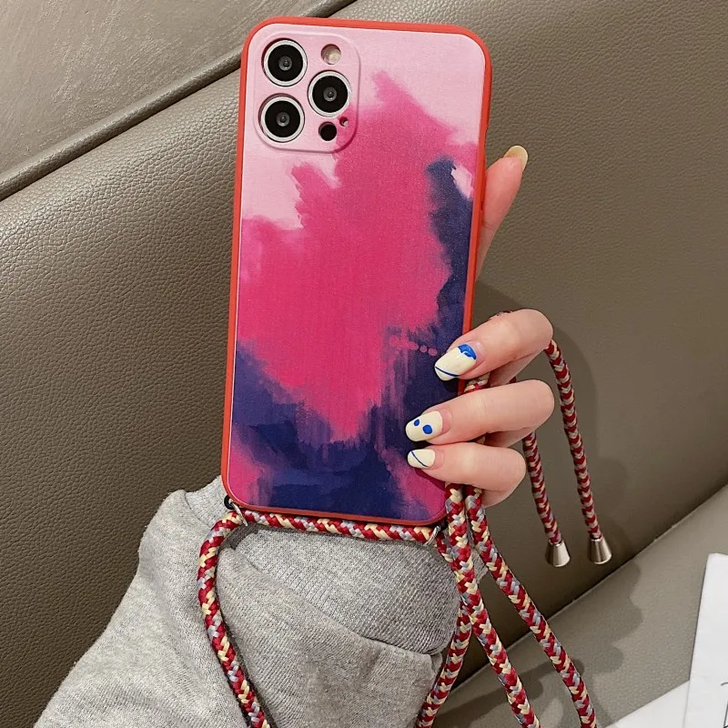 cases for oppo cell phone Strap Cord Chain Phone Case For OPPO Find X3 Lite Reno 5 Pro 2Z 4Z 4 Realme 7 6 A5 A9 2020 A72 Necklace Lanyard Watercolor Cover a cases for oppo phones