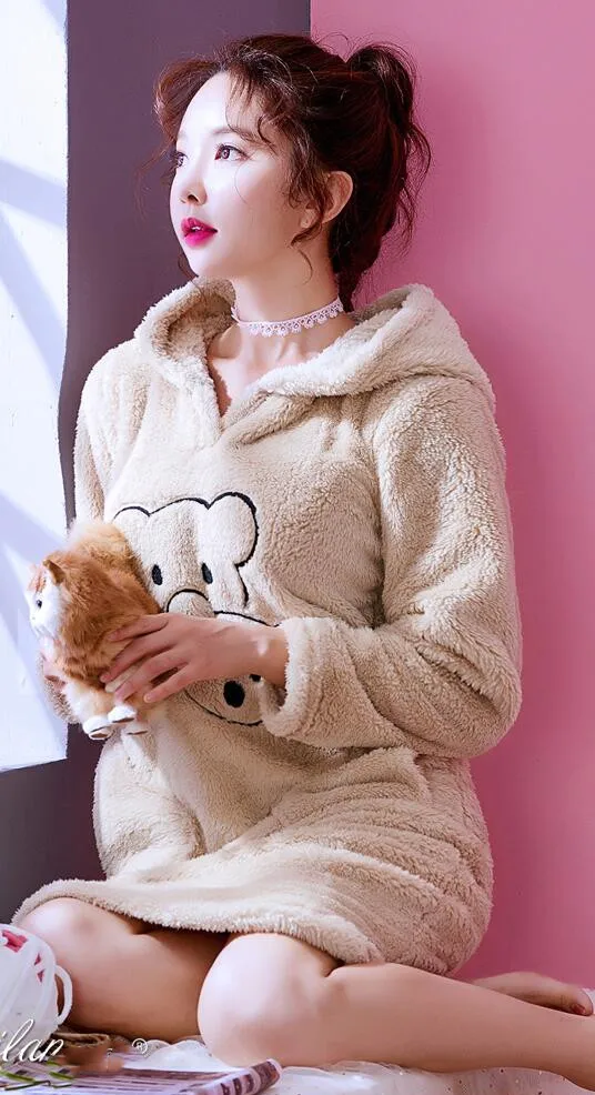 StyleC H6017 женская теплая ночная рубашка осень зима мультфильм длинный рукав ночная рубашка домашняя одежда для девочек Корейский бархат коралловый толстый пижамы - Цвет: StyleC