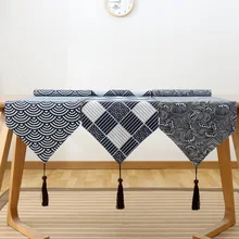Mantel de estilo japonés de algodón azul blanco geométrico de lino camino de mesa Zen arte camino de cama mantel vintage mantel