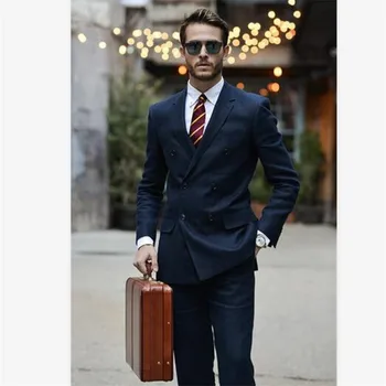 

New Navy Blue Double Breasted Men Suit 2Pieces(Jacket+Pants) Custom Made Slim Fit Mens Suits Classic Stylish Tuxedo Blazer