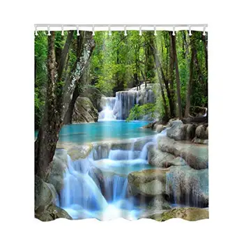 

Landscape Shower Curtain, Nature Waterfall Scenery Exotic Trees Primitive Rainforest Jungle Mountains Effect View Print, Fabric